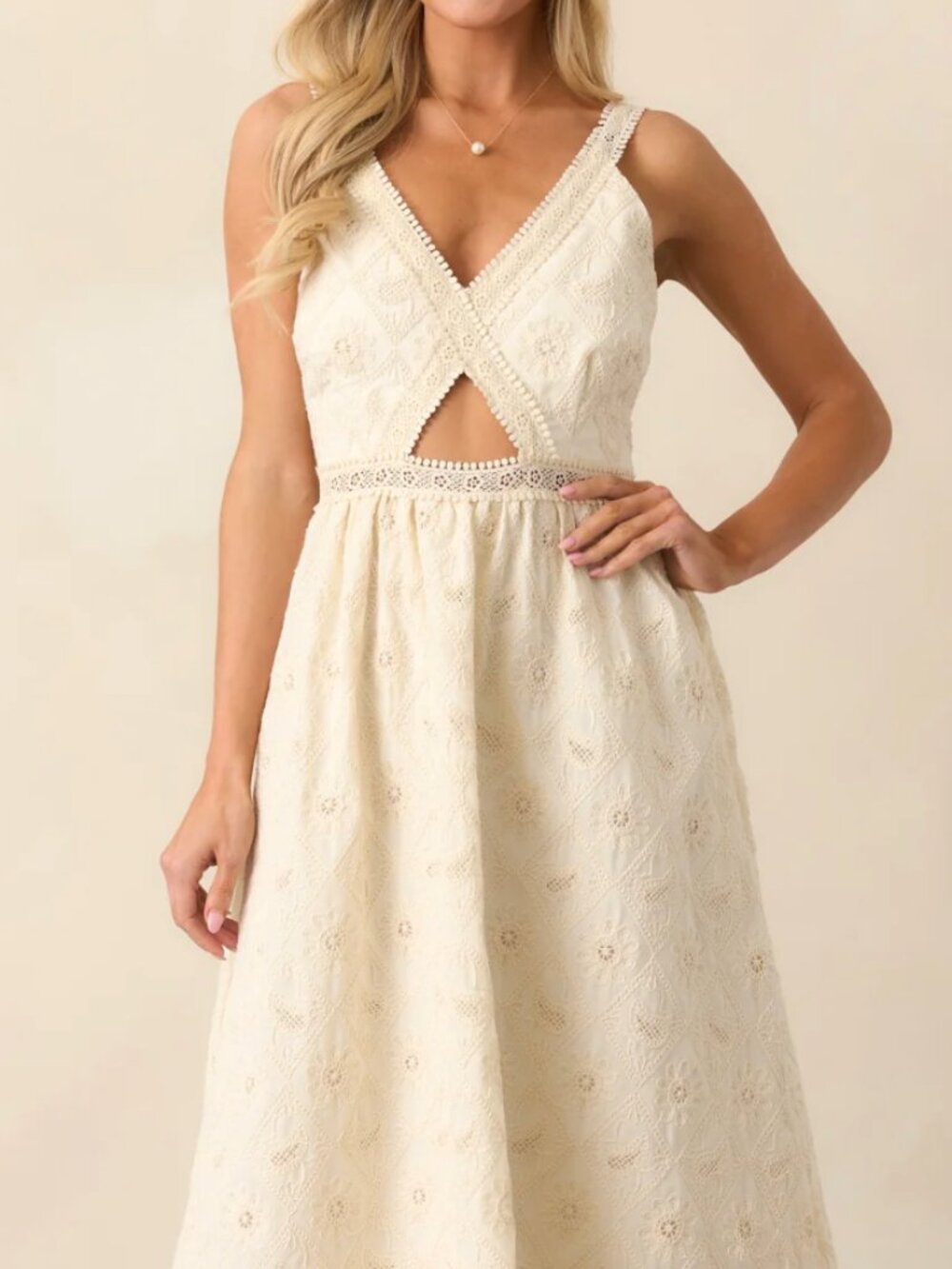 Red Dress A Touch Of Grace Ivory Embroidered Cutout Midi Dress - M